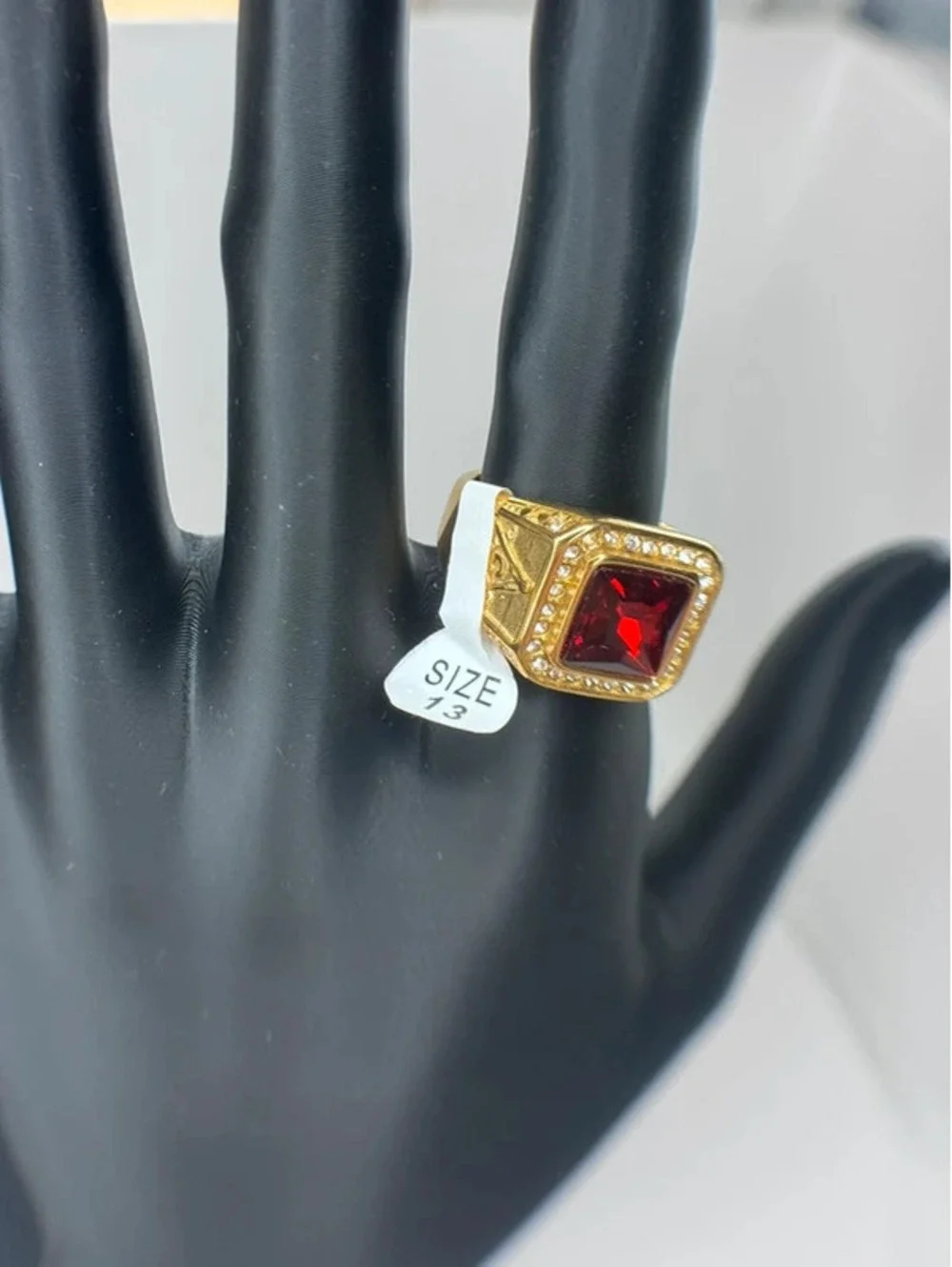 gold tone red CZ statement ring clear accents size 13